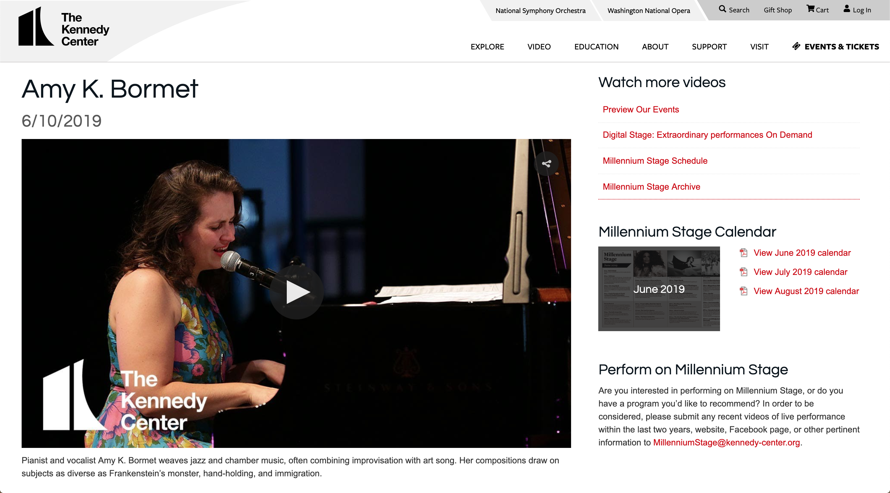 Amy K Bormet Trio - Kennedy Center Millennium Stage Webpage